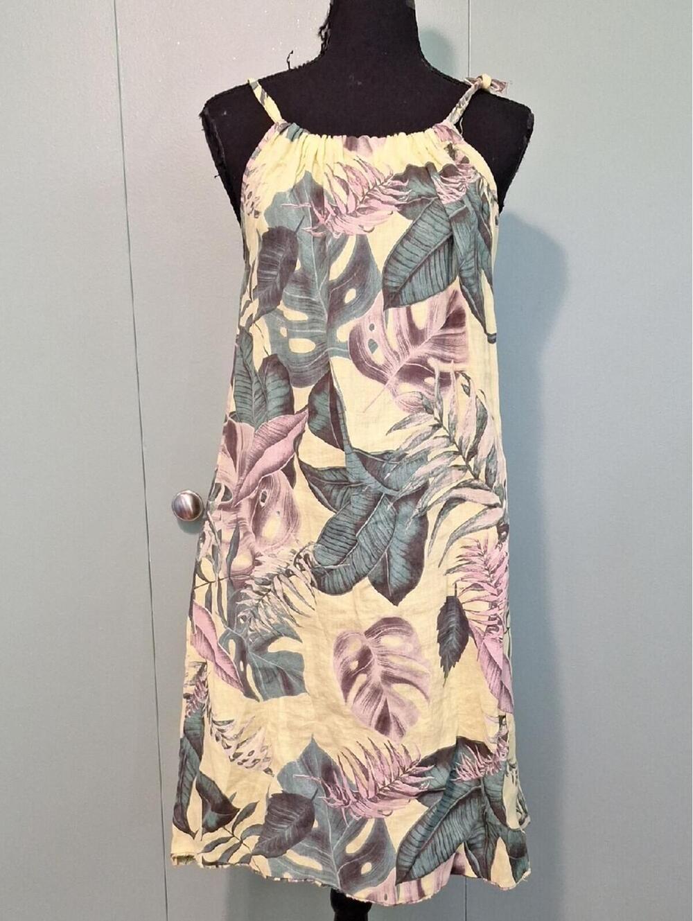 Bellambia Tropical Leaf Print Sundress Yellow Green Rouched Bottom Size Medium